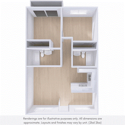 Floor plan for 2 beds, 2 baths, 864 sqft